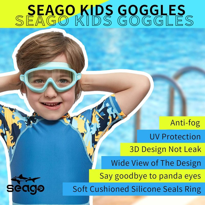 Seago Swim Goggles - Anti-Fog, UV Protection, Wide View | 2 Pack for Kids Ages 3-14