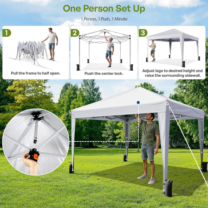 10x10 Pop Up Canopy Tent with Sidewalls - Durable Outdoor Instant Shelter for Events, Camping & Backyard Parties | White