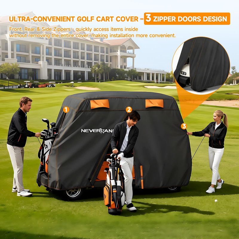 NEVERLAND Golf Cart Cover 4 Passenger, Heavy Duty 420D Golf Cart Covers, Waterproof Club Car Golf Cart Cover with Zipper Doors Compatible with EZGO Yamaha Club Car 4 Seat (Up to 115 Inch)