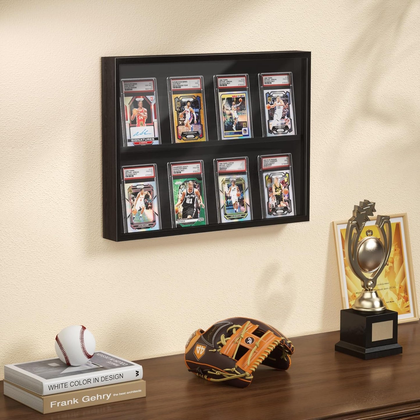 Trading Card Display Case - Wall-Mounted Wooden Frame for Sports Cards | Clear View, Black (1 Pack)
