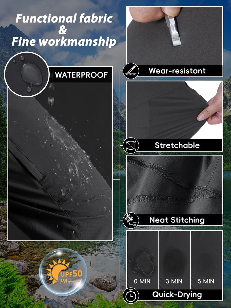 Zoofly Mens Cargo Pants Waterproof Quick Dry Hiking Work Pants for Men Nylon Light Weight Stretchy Comfy Travel Pants (Black, 34W*32L)