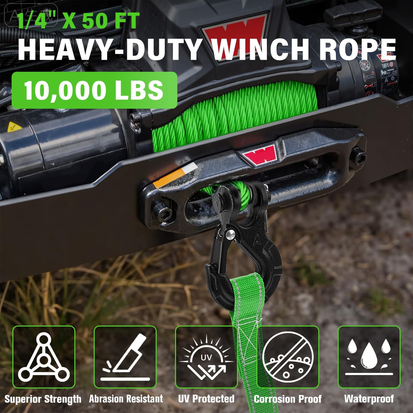 HOKINETY Synthetic Winch Rope Kit - 1/4" x 50' 10000 lbs Kinetic Recovery Cable for ATV UTV Off-Road Vehicles with Forged Hook, Rubber Stopper, Protective Sleeve and Safety Pull Strap - Green