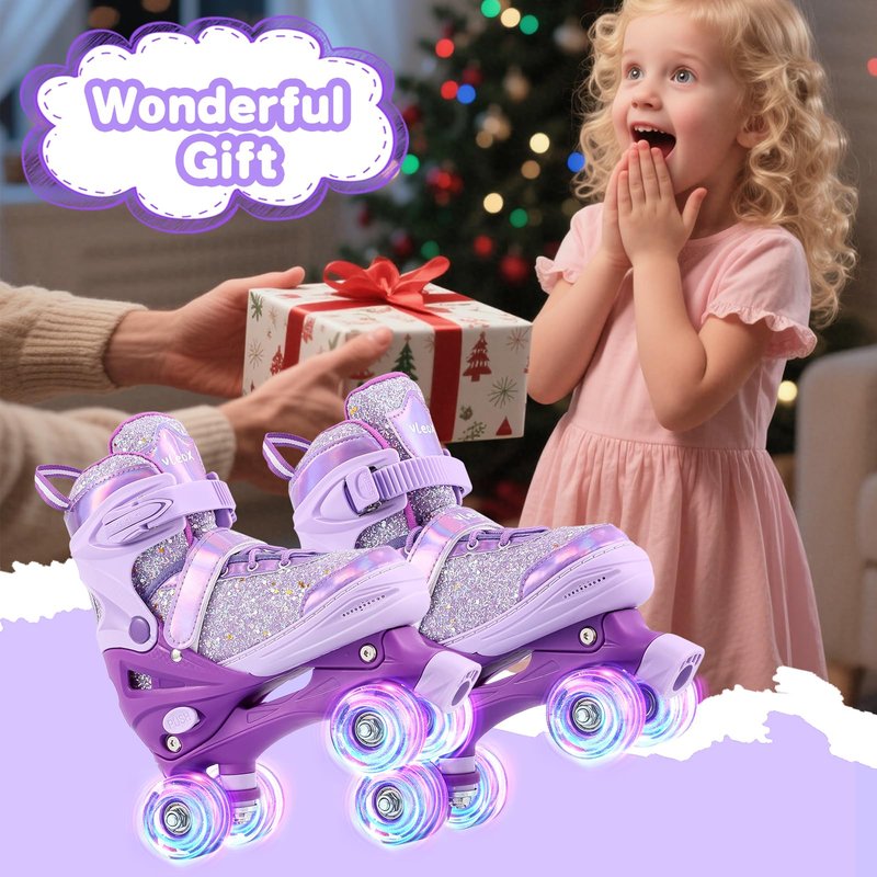 VleoX Roller Skates for Girls Kids Child Beginners, 4 Size Adjustable Light up Wheels Fun Illuminating Purple Pink Skates for Boys Toddlers Patines