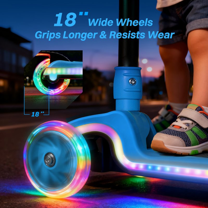 JOVA ZIFFY Kids Scooter for Boys & Girls Features LED Light-Up Wheels, 4 Adjustable Height Handlebars, and Lean-to-Steer Design with Anti-Slip Wide Surface for Stability - Up to 110LBS(Blue)
