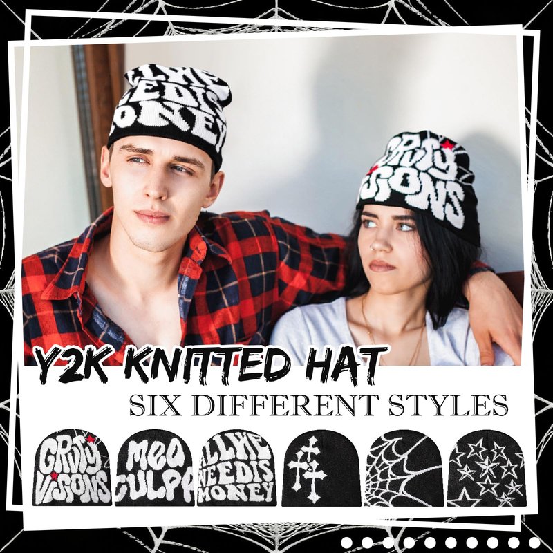 6 Pcs Y2K Knitted Beanies Spider Web Star Letters Pattern Beanie Cross Graphics Knitted Hat Casual Streetwear Outdoor Sports Trend Beanie for Men Women Black
