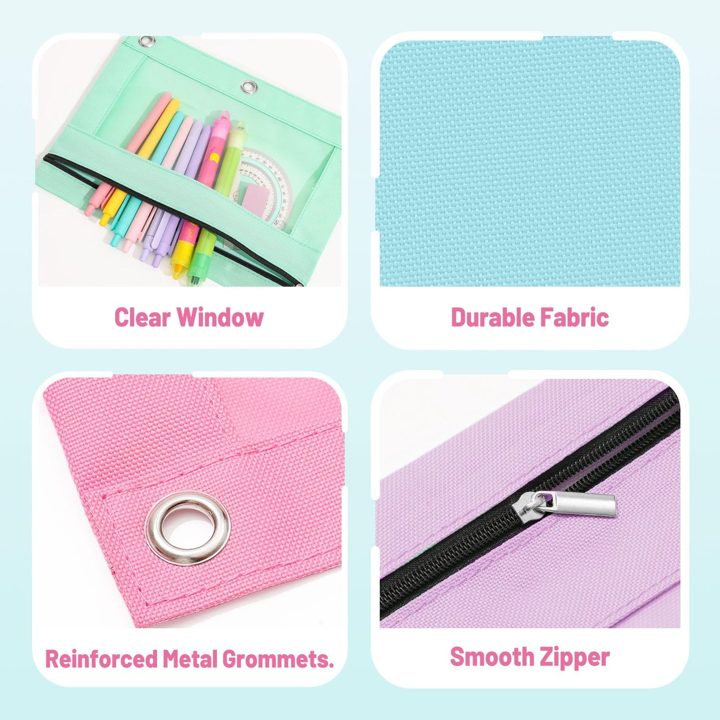 SUNEE Pencil Pouch for 3 Ring Binder, Large Zipper Pencil Case with Clear Window, 3 Reinforced Grommets, Binder Accessories for School and Office Supplies Storage, Red