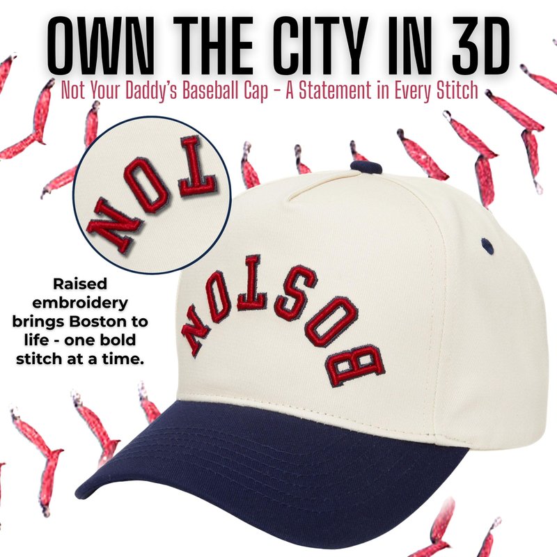 Funky Junque Retro Boston Hat – Baseball Cap with Upside Down City Arched Embroidery – Unisex Adjustable Snapback for Game Day, Streetwear – Boston (Navy/Beige)