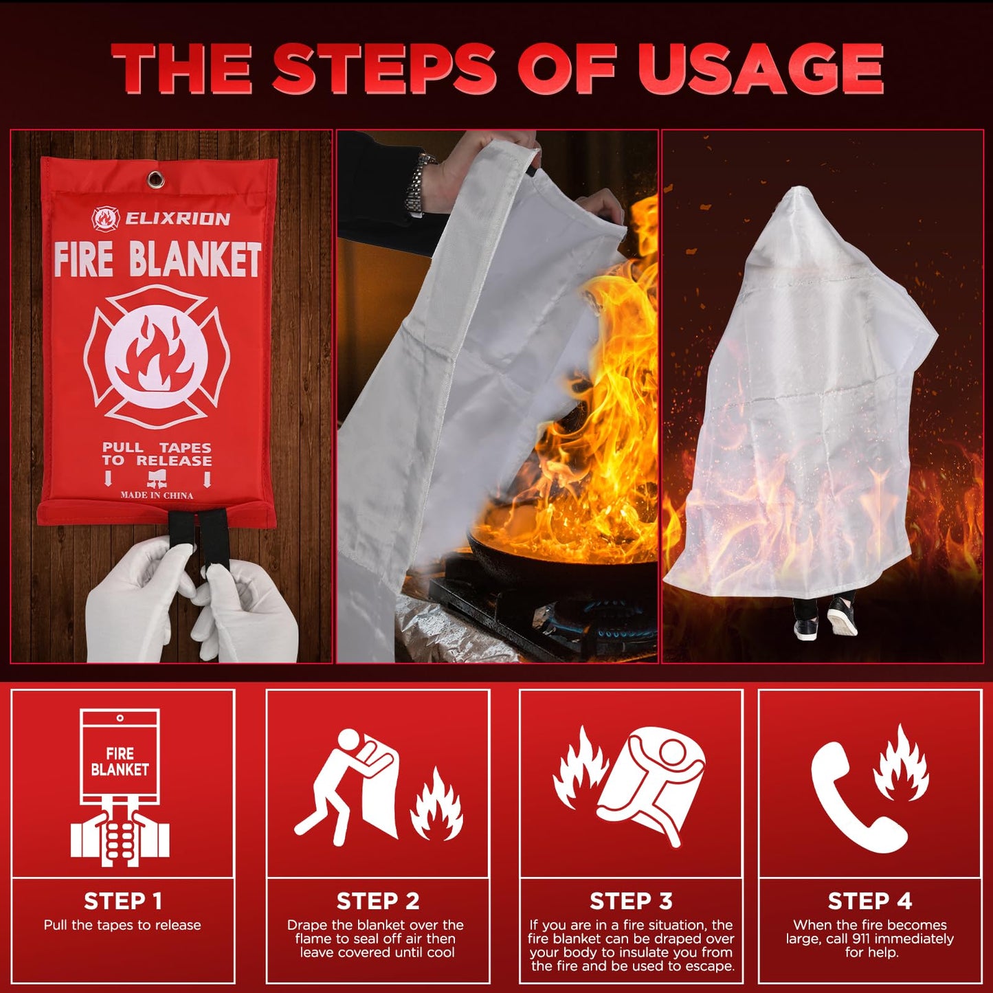 ELIXRION Emergency Fire Blanket 2 Pcs, 40" x 40" Fiberglass Suppression Blanket Portable Fire Extinguisher Blanket for Kitchen, Retardant Protection Emergency Safety Blanket for Home Car and Camping