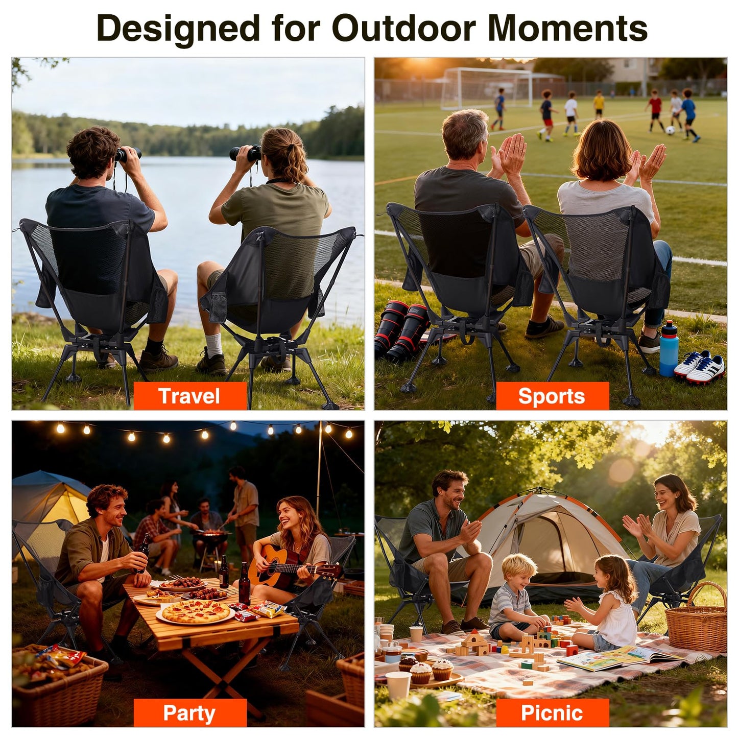 Trakiom 360° Swivel Folding Camping Chairs, Compact and Portable Chair for Outdoor Camp, Foldable Chairs with Anti-Sinking Large Feet for Travel, Beach, Picnic, Sports, Fishing Support 300 LBS(Black)