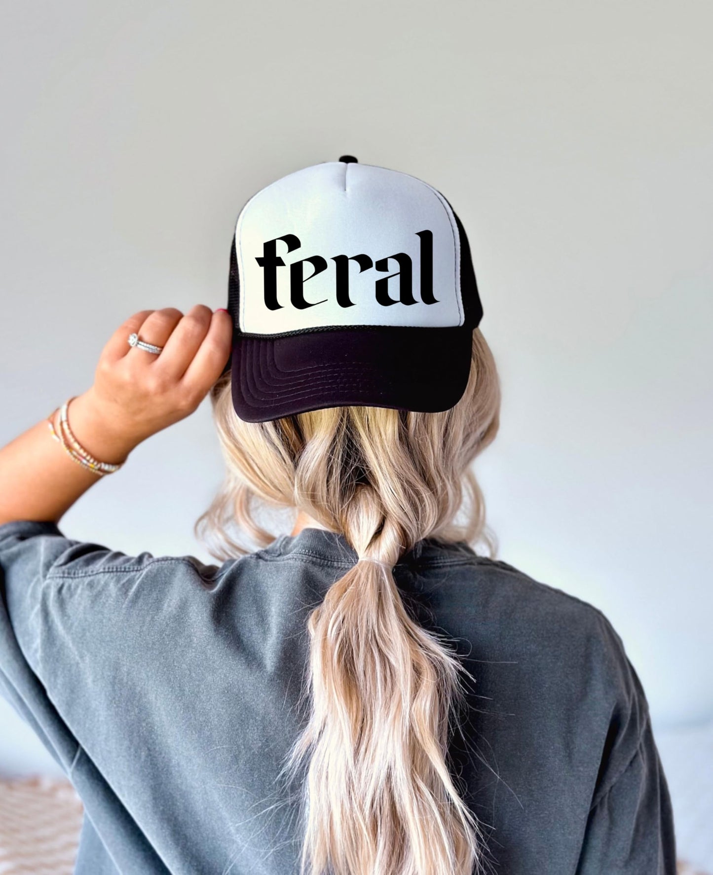 Feral Trucker Hat for Men and Women - Funny Best Friend Gag Gifts for Him Her Snapback Hat - Girls Beach or Lake Trip Gift Idea - Unisex Adult Breathable Polyester Mesh Adjustable Cap - Black