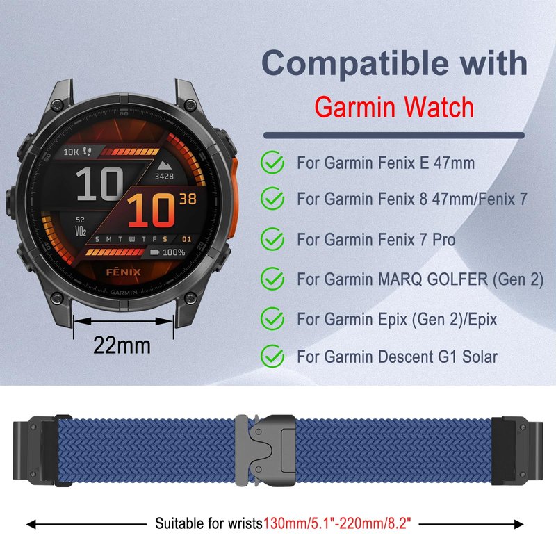 MiKoyi Nylon Band for 47mm of Garmin Fenix E/Fenix 8 Pro/Tactix 8/Quatix 8/D2 Mach 2, 22mm QuickFit Stretchy Braided Nylon Sport Strap for Garmin Quatix 7 Pro/6/6 Titanium, Descent G2 - Blue