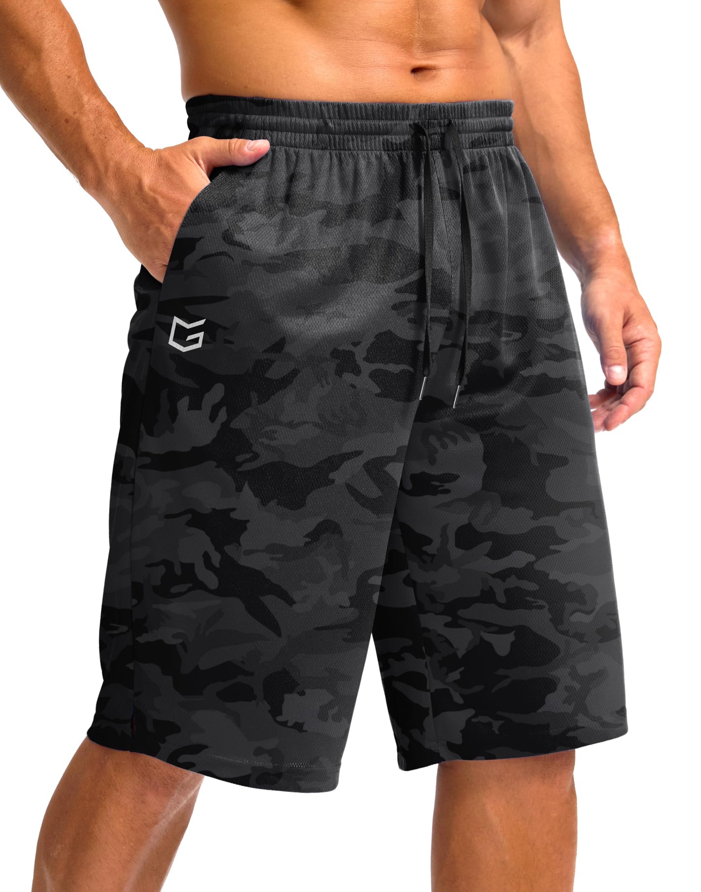 G Gradual Men's Athletic Shorts with Pockets 9" / 11" Long Basketball Shorts Lightweight Quick Dry Gym Workout Shorts for Men(Gray Camo,XXL)