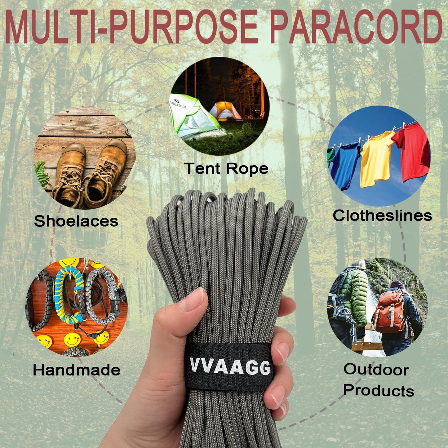 VVAAGG 550 Paracord 100FT, Heavy-Duty Strong Rope Parachute Cord, Outdoor Camping Gear Tent Rope, Gray