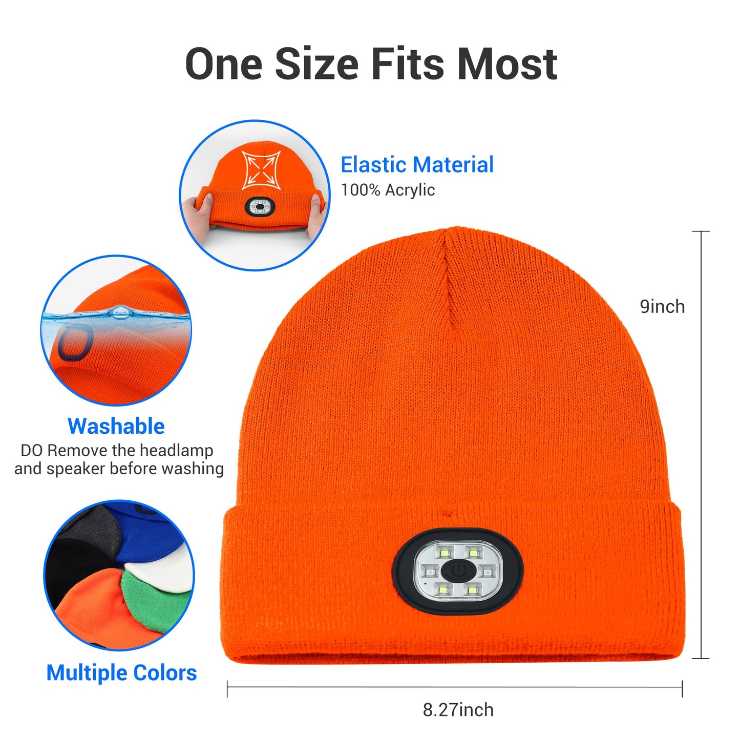 Yontune Bluetooth Hat with Light, Unisex USB Rechargeable 6 LED Headlamp Beanie Cap with Headphones Winter Lighted Beanie for Outdoor Sports Orange