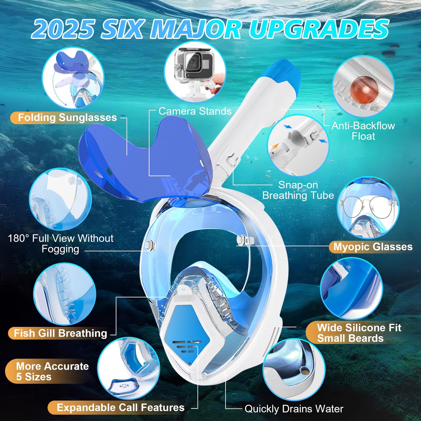 Devilfish Full Face Snorkel Mask S-Latest Dry Top Breathing System with Detachable Camera Mount,Foldable 180 Degree Panoramic View Set,Scuba Diving Masks Anti-Leak & Anti-Fog