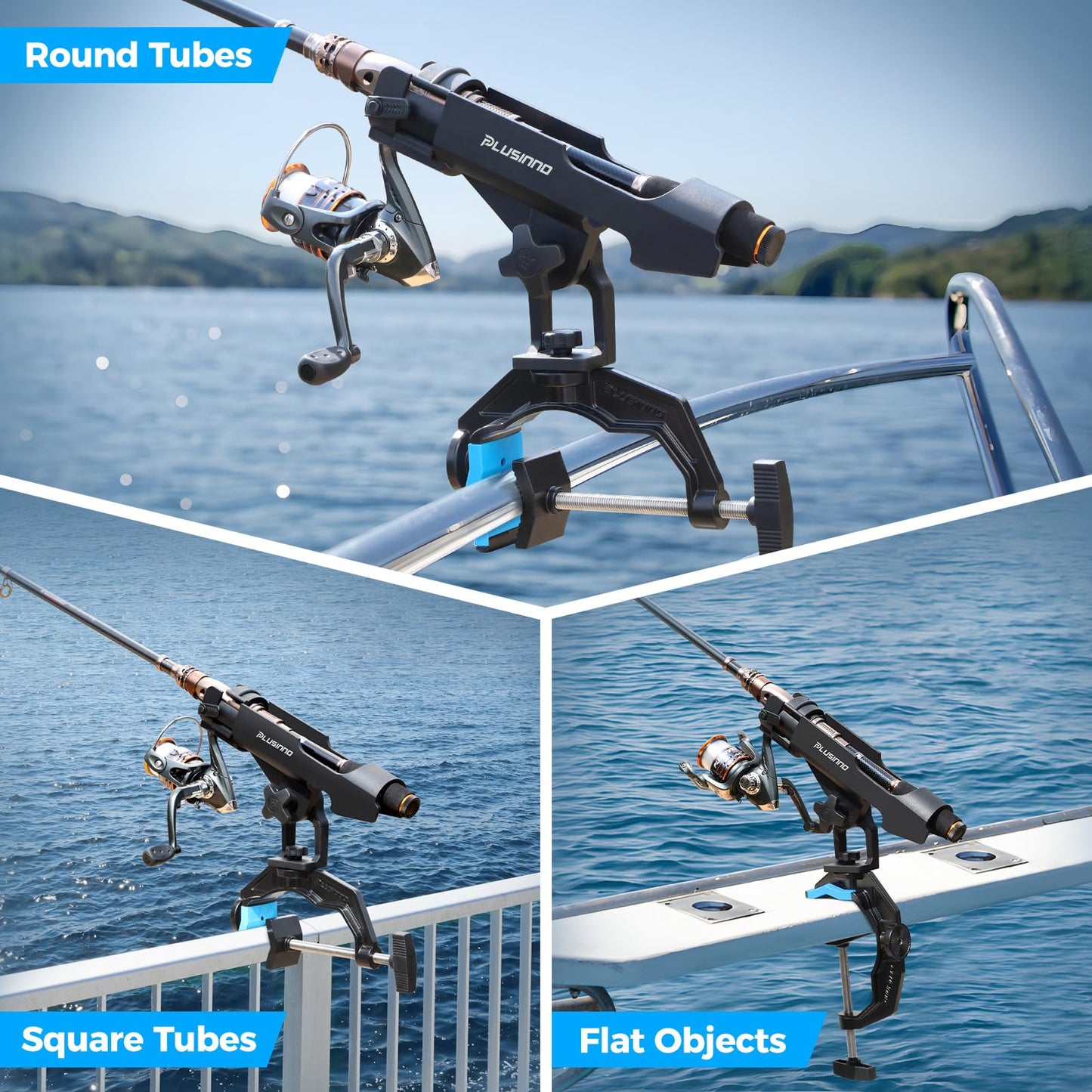 PLUSINNO 4 Pack Fishing Rod Holders for Boat, Upgraded Fishing Rod Holder with Enlarge Clamp, Innovative Dual-V Shaped Design, Fit Round/Square Tube Boat Fishing, Fishing Gear, Fishing Gifts for Men