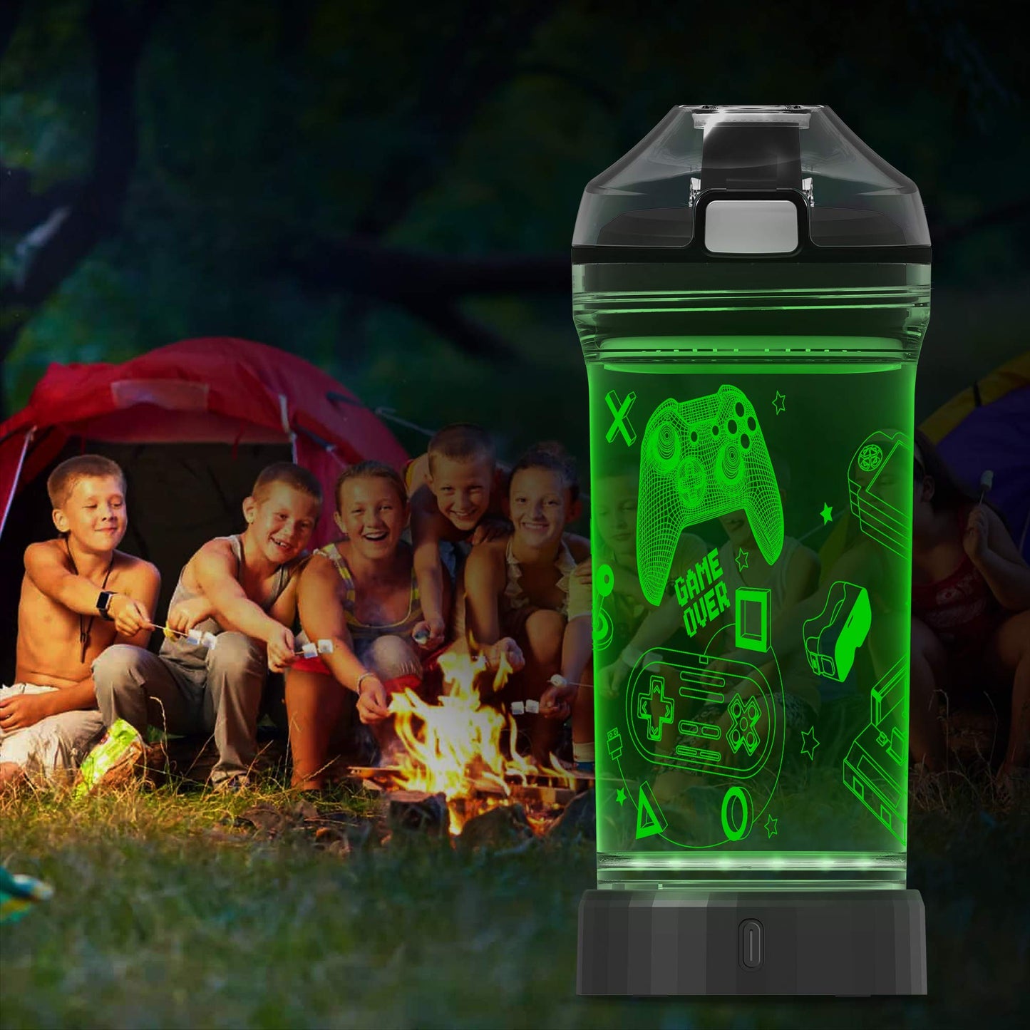 Lightzz Kids Water Bottle with 3D Glowing Game Console LED Light - Tritan BPA Free - Travel Cup Gift for Back to School Girl Boy Child Holiday Camping Picnic - 14 Oz