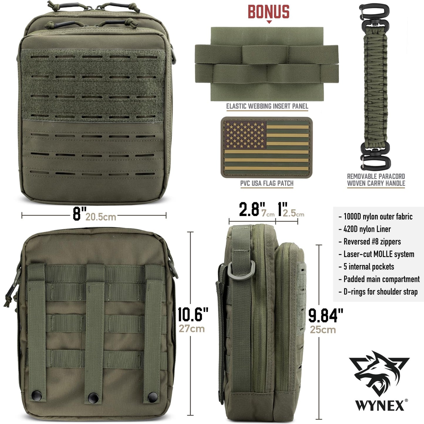 WYNEX Tactical Molle Admin Pouch, Utility EDC Pouch Organizer Modular Tool Pouch of Double Layer Design Medical EMT Attachment Bag Large Capacity with Elastic Webbing Insert Panel