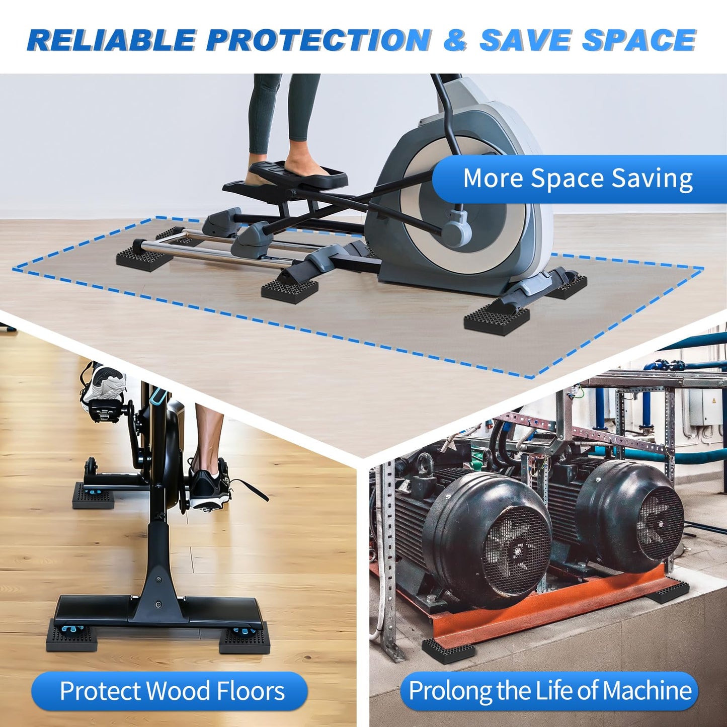 BXI Heavy Duty Exercise Equipment Mat Pads Natural Rubber, 0.8 Thick 4 x 4 Inches 4 Pcs Non Slip Noise Reduction Anti Vibration Treadmill Stationary Bike Mats, Steel Embedded Pads for Hardwood Floors