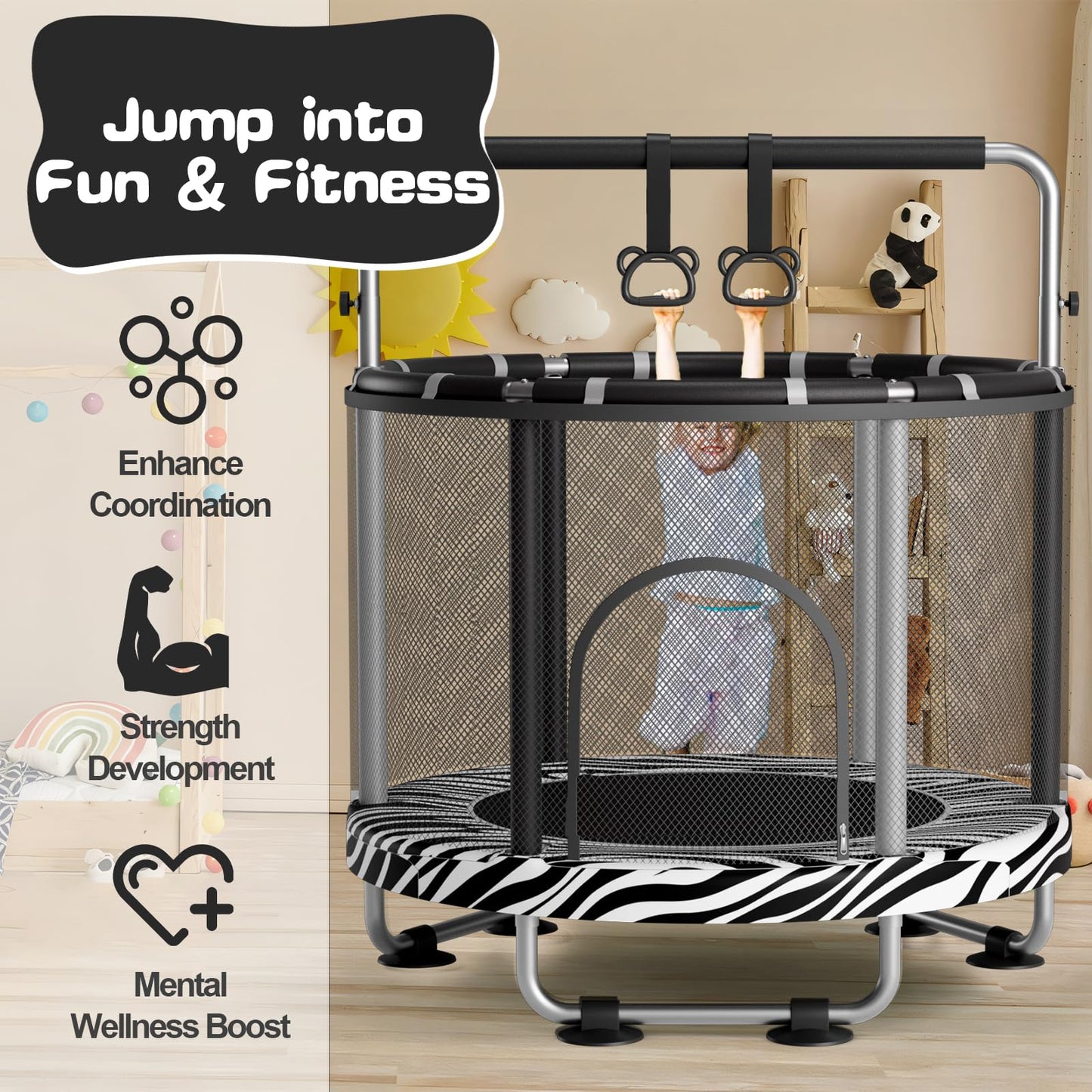 ZCMHAXJ 55" Trampoline for Kids with Enclosure, 440lbs Capacity Indoor & Outdoor Toddler Trampoline with Adjustable Gymnastics Bar & Toys, Gifts for Boys & Girls