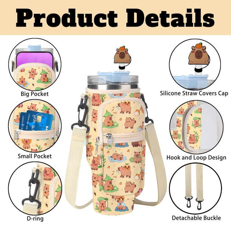 Denlei Capybara Print Stanley Cup Bag, Cup Holder for Stanley 40oz Tumbler with Handle, Stanley Carrier Bag with 4Pcs Capybara Straw Toppers for Stanley Cup Accessories