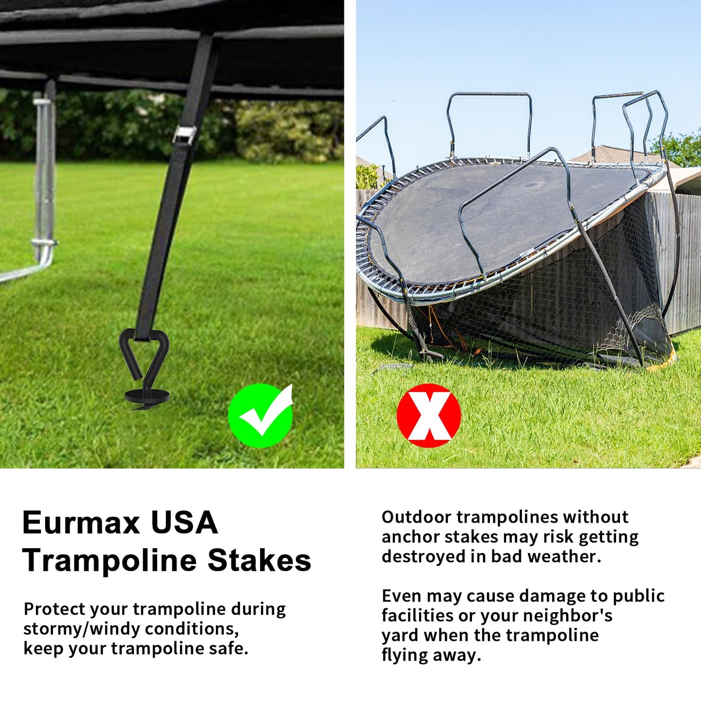 Eurmax USA 4 Pack Heavy Duty Ground Stakes,Industrial Grade Spiral Steel Screw-in Trampoline Anchors with 4 Reinforced Straps,High Wind Stabilizing Kit for Dog Tie-Out,Canopies,Sheds,Swing Sets,Black