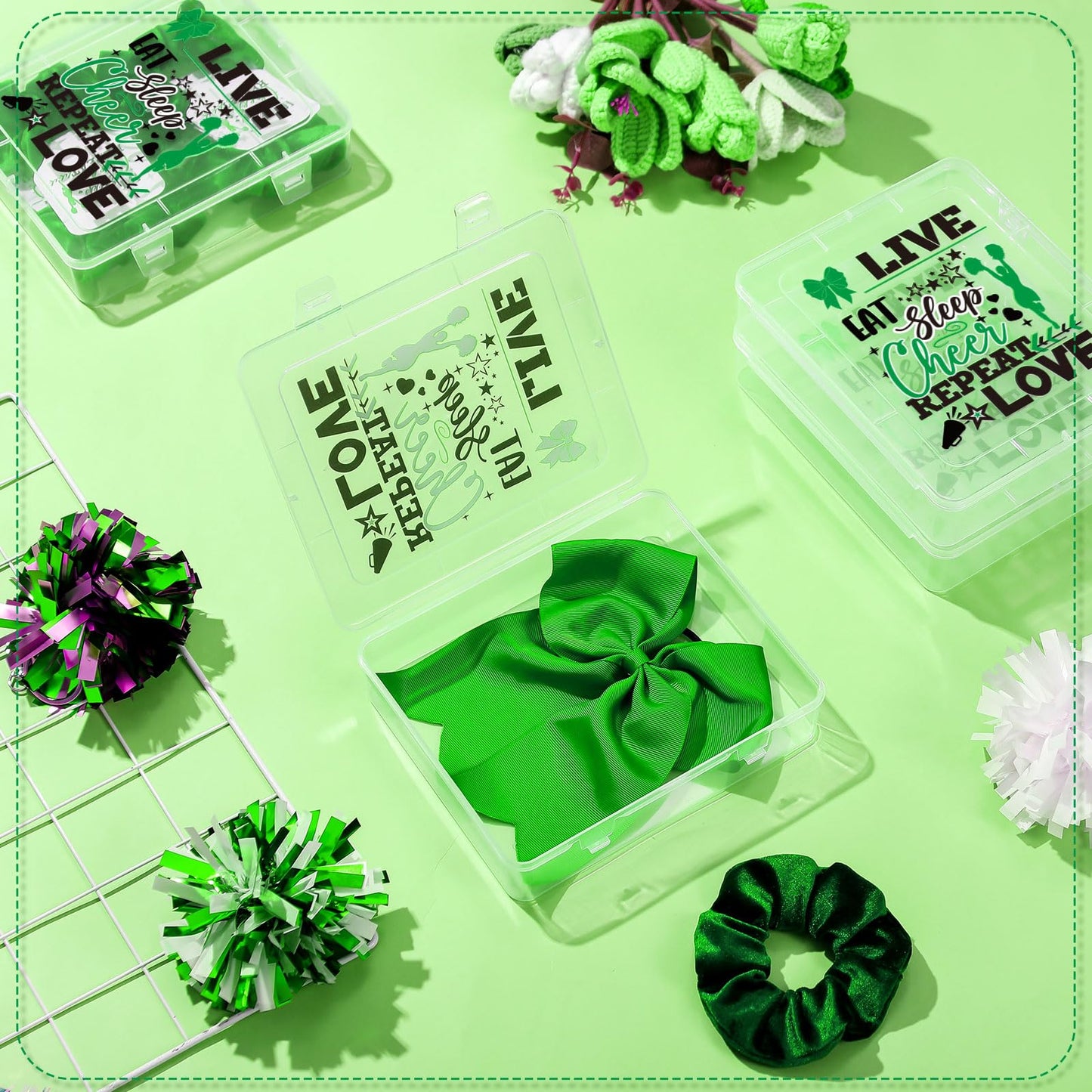 DoubleFill 12 Pcs Large Cheer Bow Box Plastic for Cheer Team Gifts Case Bulk Senior 2026 Sash Gift for Team Cheerleader Hair Accessories Organizer Bows Travel Storage for Women(Green and Black)