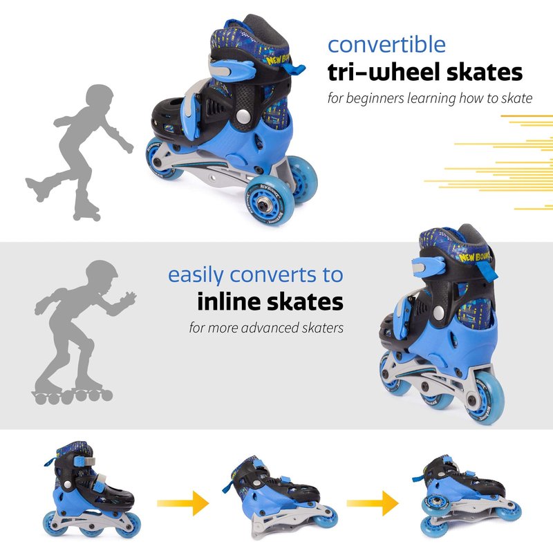 New Bounce Roller Skates for Little Kids - Shoe Size EU 28-31, US Kids Junior Size 8-11, 2-in-1 Roller Skates for Girls, Converts from Tri-Wheel to Inline Skates - Rollerskates for Beginners | Blue