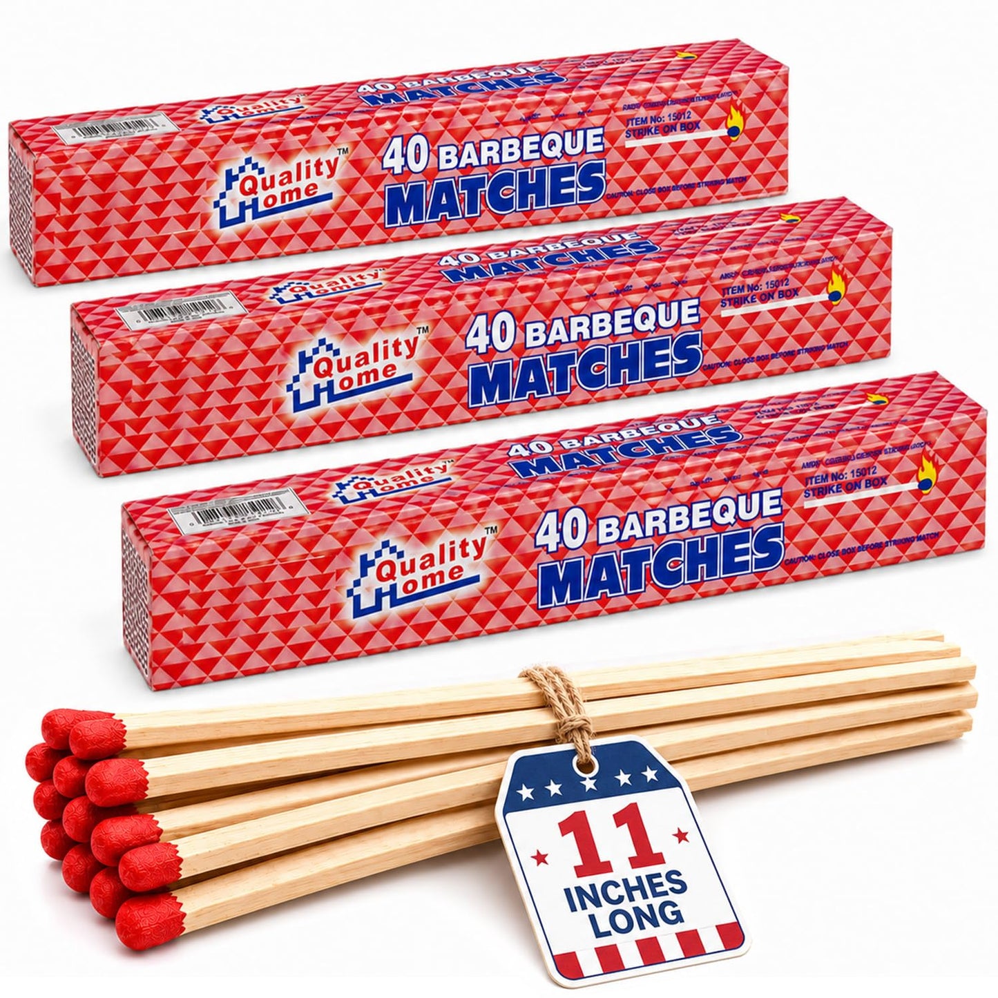 Quality Home Long Wooden Fireplace Matches for Candles, Camping, BBQ Grilling - 11" Matches, 40 in Each Box (3)