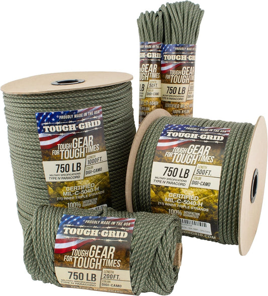 TOUGH-GRID Premium 750lb Paracord - 100% Nylon Type IV Mil-Spec - UV & Abrasion Resistant - Heavy Duty Strands - Outdoor Survival - Used by US Military - 50 ft - Digi Camo