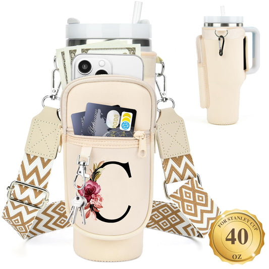 Initial Water Bottle Holder with Strap for Stanley 40 oz Tumbler, Gift for Mother's Day, Women's Day gifts with Phone Pocket, Carabiner, Personalized Accessories for Stanley Cup, Cream - C