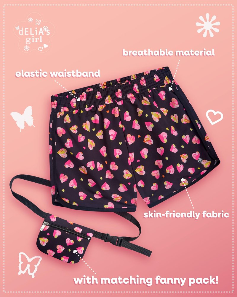 dELiA*s Girls Athletic Shorts - 4 Pack Performance Gym Shorts for Outdoor Activities with Fanny Pack - Size Up for Better Fit, Size 10/12, Black Hearts/Pink Geometric