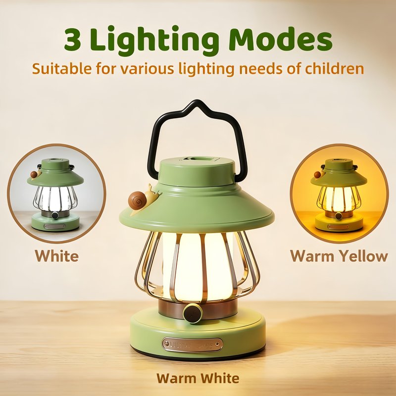 Kids Lantern with 3 Color Light & USB-C Rechargeable, Dimmable Camping Night Light for Children, Safe & Durable ABS Plastic Toddler Flashlight for Bedroom, Tent, Spring Camping Gear for Kids (Green)