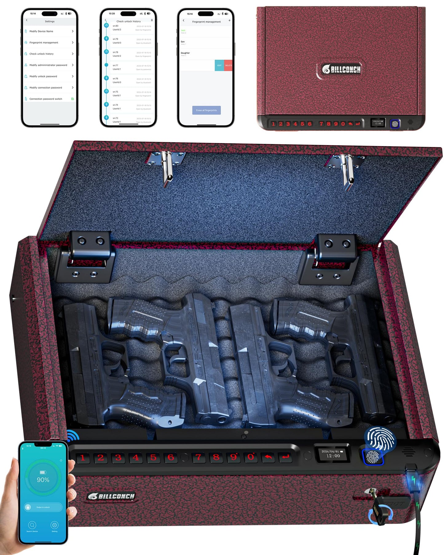 BILLCONCH Smart Gun Safe with 4 Quick-Access Methods, LCD & Security Cable