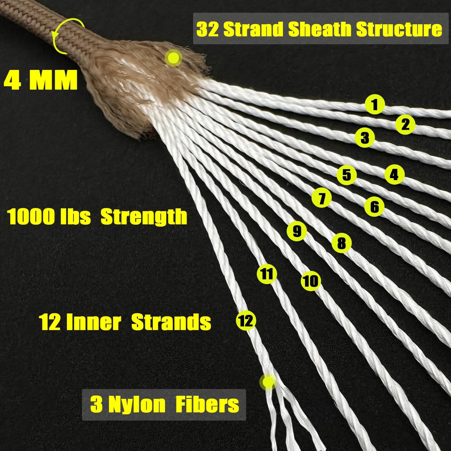 VVAAGG 1000 Paracord Rope 100FT Utility 4mm Parachute Cord Heavy Duty 12 Strand Camping Rope Tent Weatherproof Rope