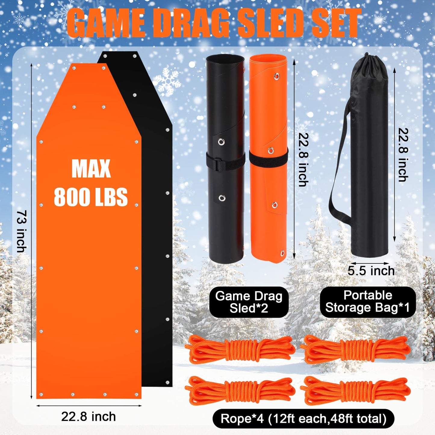 WinnerWhy 2 Set Thickened Tear-Resistant Deer Drag Sled Game Glide Heavy Duty Deer Cart Game Hauler for Hunting with Storage Bag, 2 Dual Harness Elk Drag with Rope for Hauling Elk Turkeys