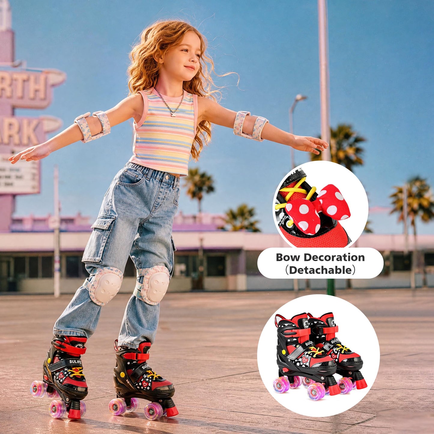 SULIFEEL Adjustable Roller Skates for Girls Ages 5-8 6-12 with Polka Dots & Bow, Light Up Wheels, 4 Sizes Adjustable for Beginner Kids Skates Indoor Outdoor Sports