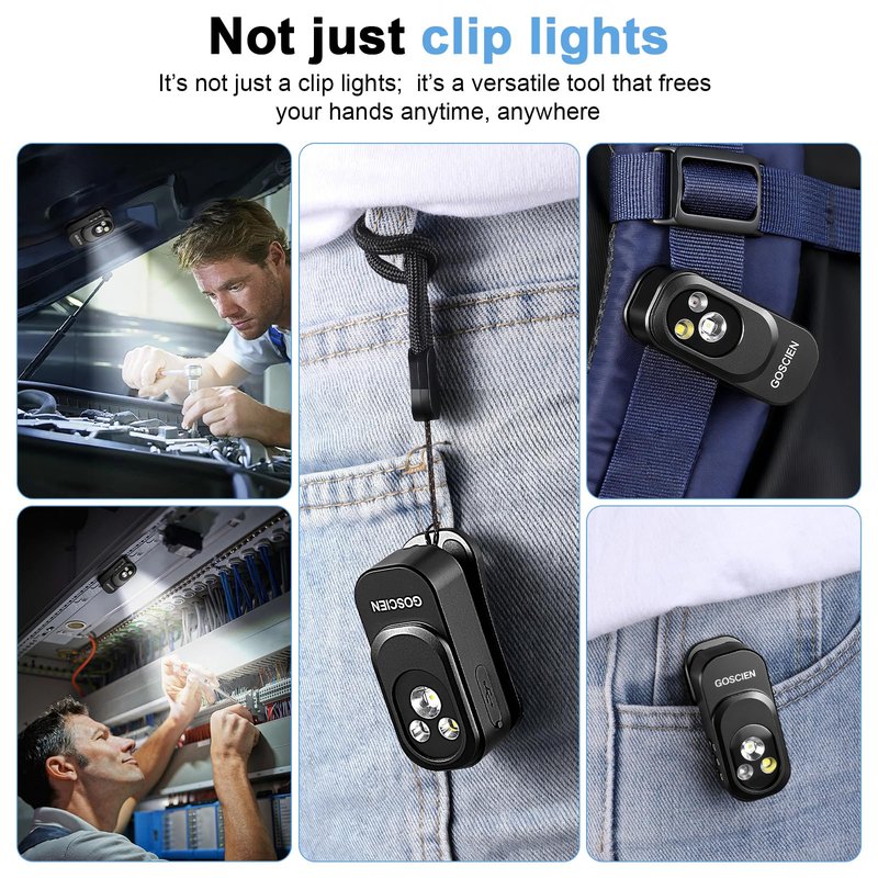 GOSCIEN Rechargeable EDC Flashlight Clip-on Light 500 Lumens Clip Light with Three Lighting Solutions USB C Charging Magnetic IPX6 Waterproof Flashlight for Cycling, Outdoor and etc(Black)