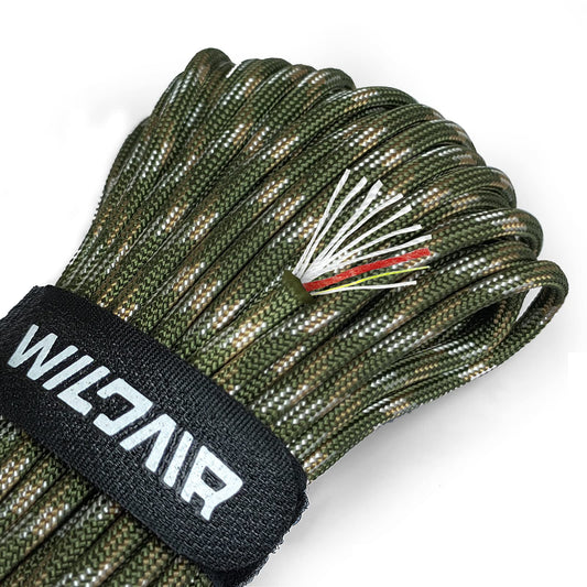 WILDAIR Paracord Survival Paracord Parachute Fire Cord Survival Ropes 4-in-1 5/32" Diameter U.S. Military Type III with Integrated Fishing Line, Fire-Starter Tinder (Forest Camo)