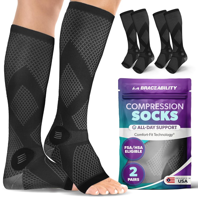 BraceAbility Compression Socks for Circulation - (2 Pairs) 20-30 mmHg Knee High Neuropathy Open Toe Stockings Best for Varicose Veins, POTS, Restless Leg, Toeless Support for Men or Women (L - Black)