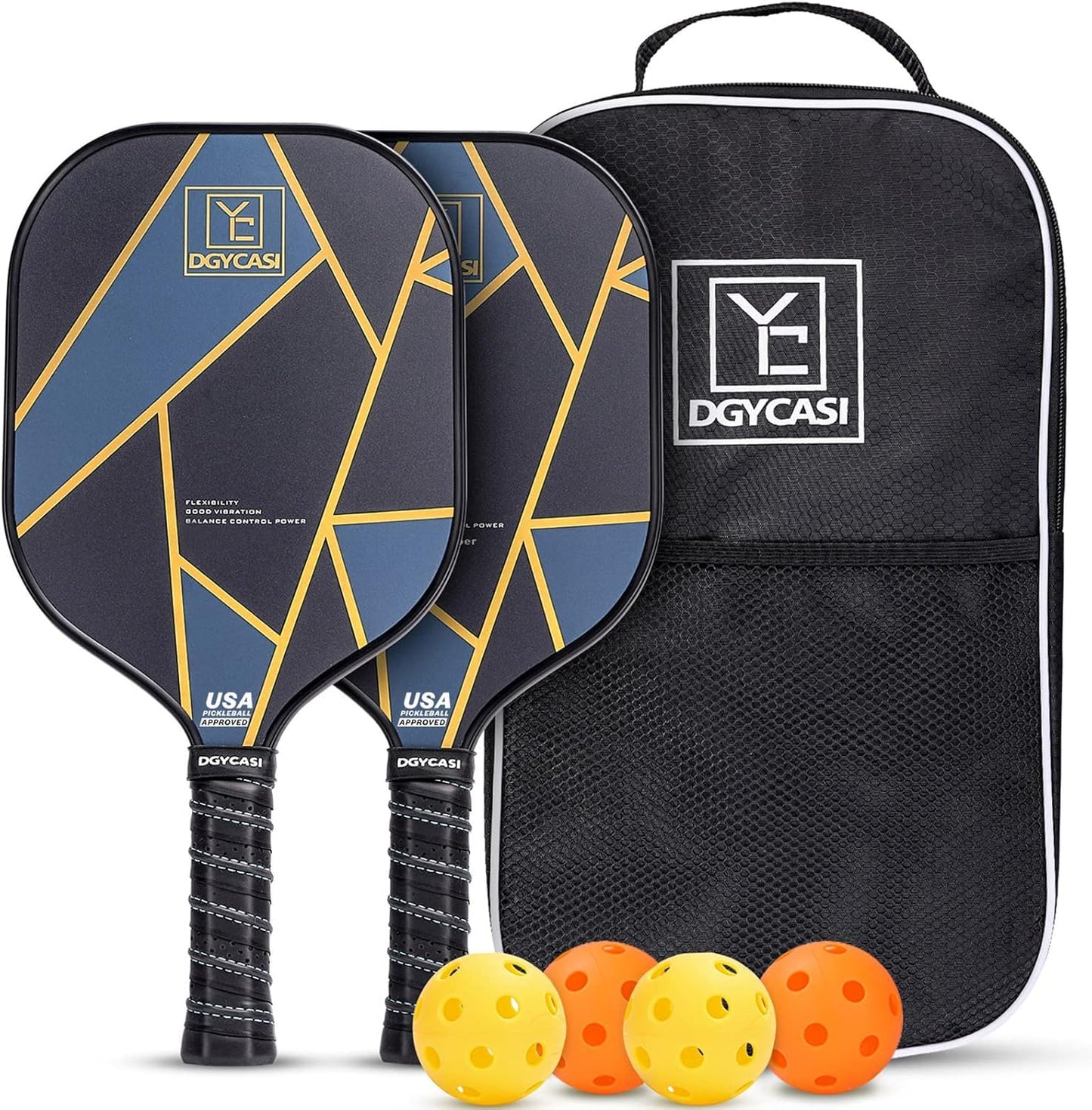YC DGYCASI Pickleball Paddles Set of 2, USAPA Approved Carbon Fiber Surface Pickleball Set, Lightweight Pickle Ball Rackets 2 Pack, 2 Outdoor Pickleball, 2 Indoor Pickleball, 1 Pickleball Bag