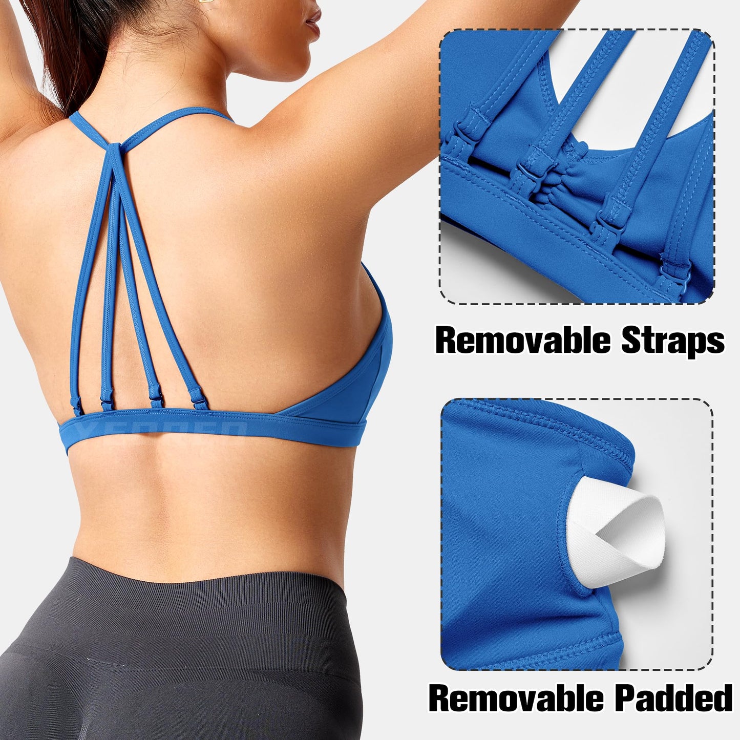 YEOREO Workout Sports Bras for Women Padded Strappy Open Back Gym Bra Light Impact Criss Cross Yoga Crop Top Azure Blue S