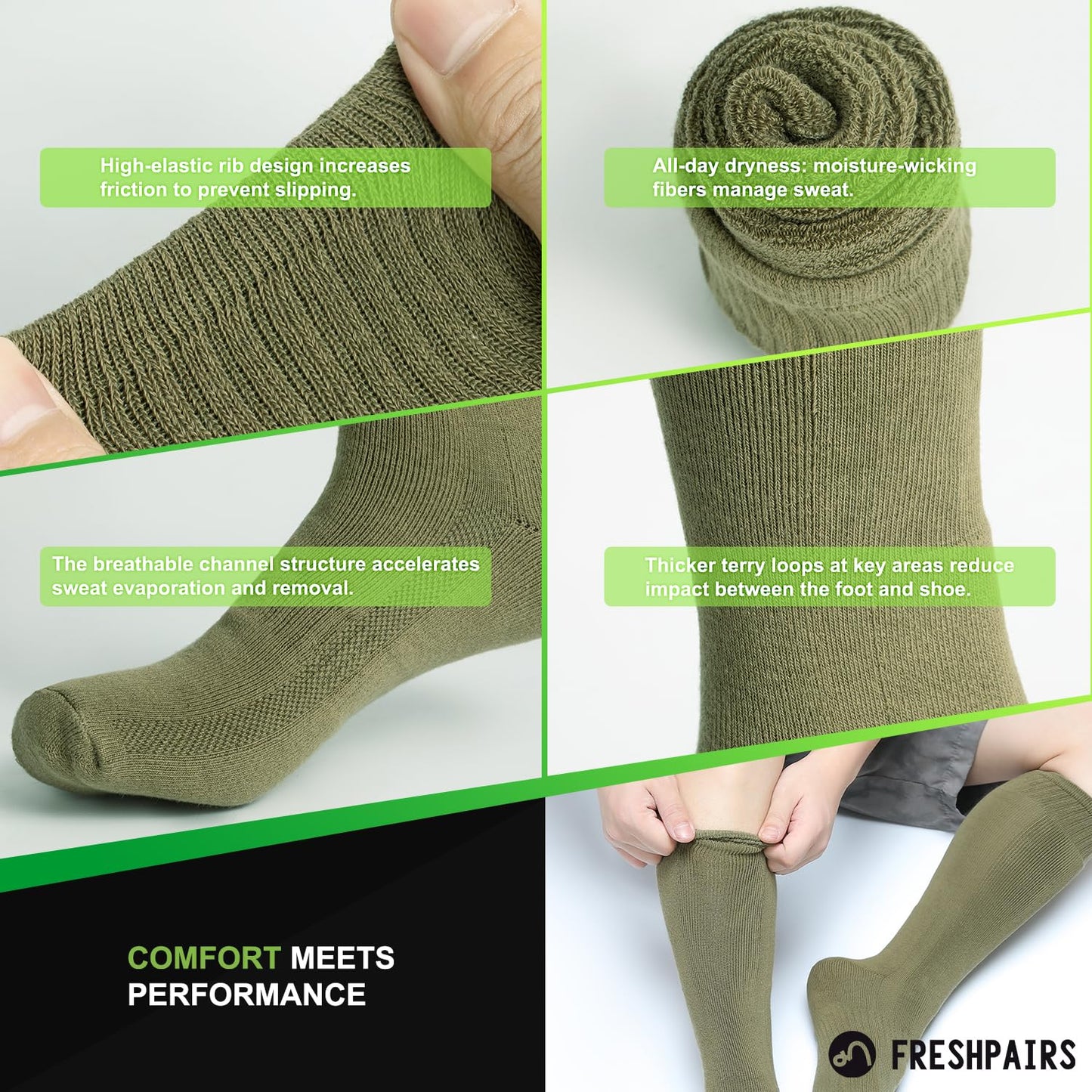 Freshpairs Men's Hiking Socks, Military Green Over the Calf Socks for Hunting and Boots,4 Pack