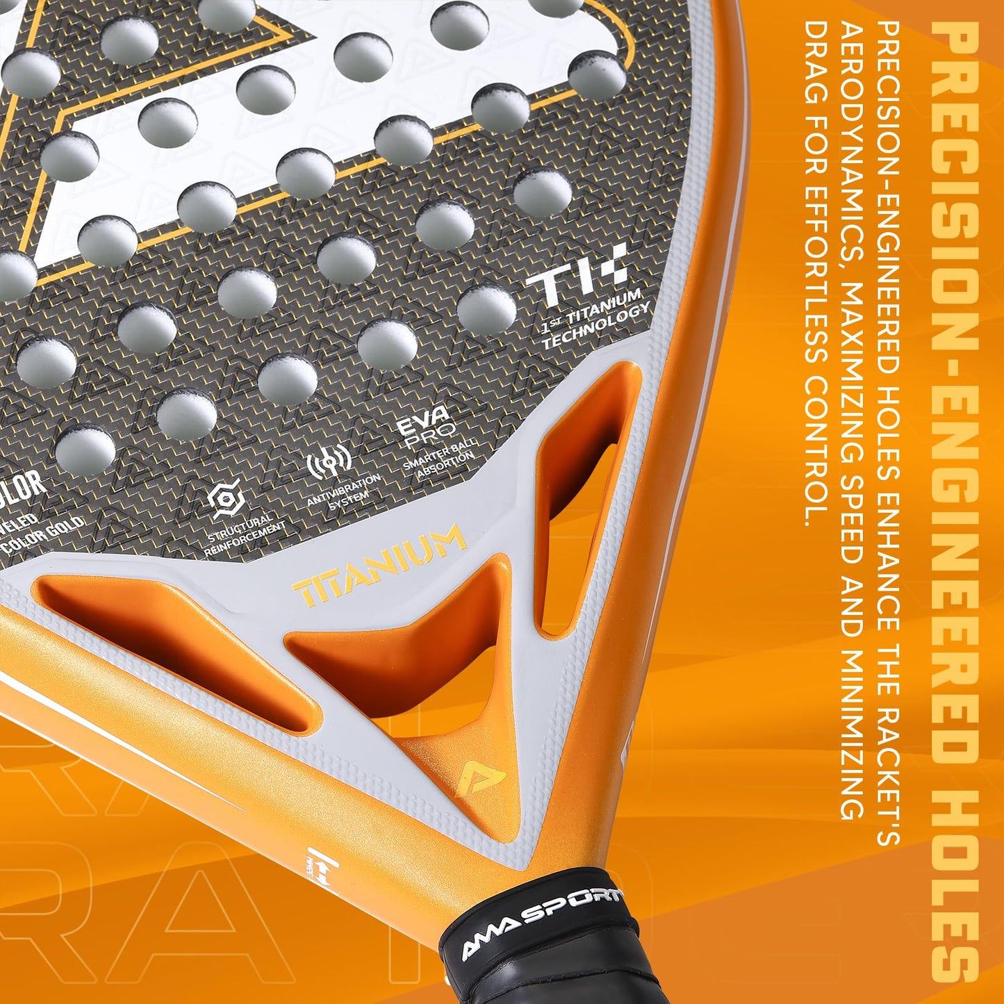 AMA SPORT ERA 1.0 Padel Racket Titanium Carbon Fiber Surface with EVA Flex Foam Core Paddle Racket Lightweight Power & Precision Control Padel Racquet for Intermediate and Advanced Players (Gold)
