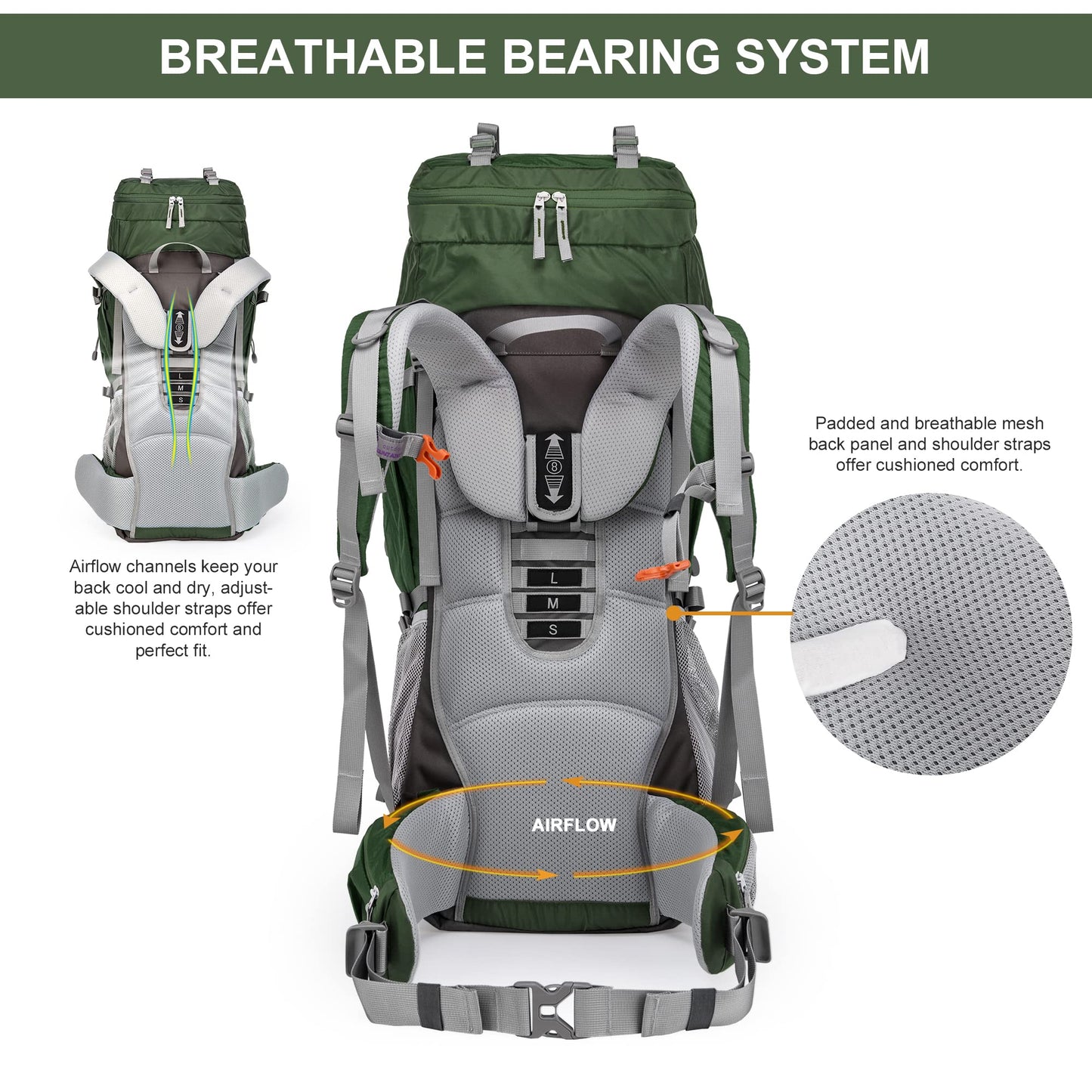 MOUNTAINTOP 70L Internal Frame Backpack Camping Backpacking Hiking Backpack for Men Women with Rain Cover,Dark Green