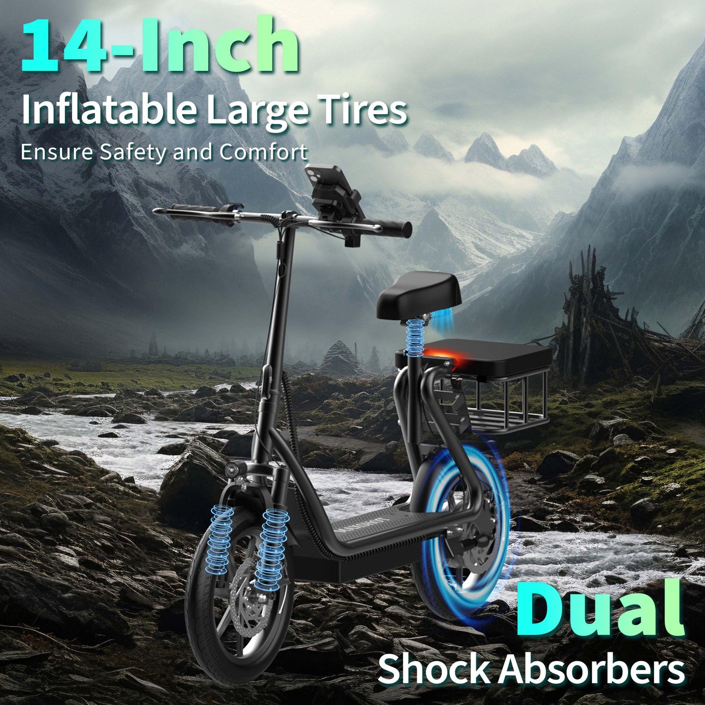 Maxshot Electric Scooter, 8.5" /10" /14" Tire, 16/19/22 Mph Top Speed, 12/16/21/27/28/49/50 Miles Long Range, Folding Escooter for Adults and Kids with Seat Bag, Dual Braking, Dual Suspension, App