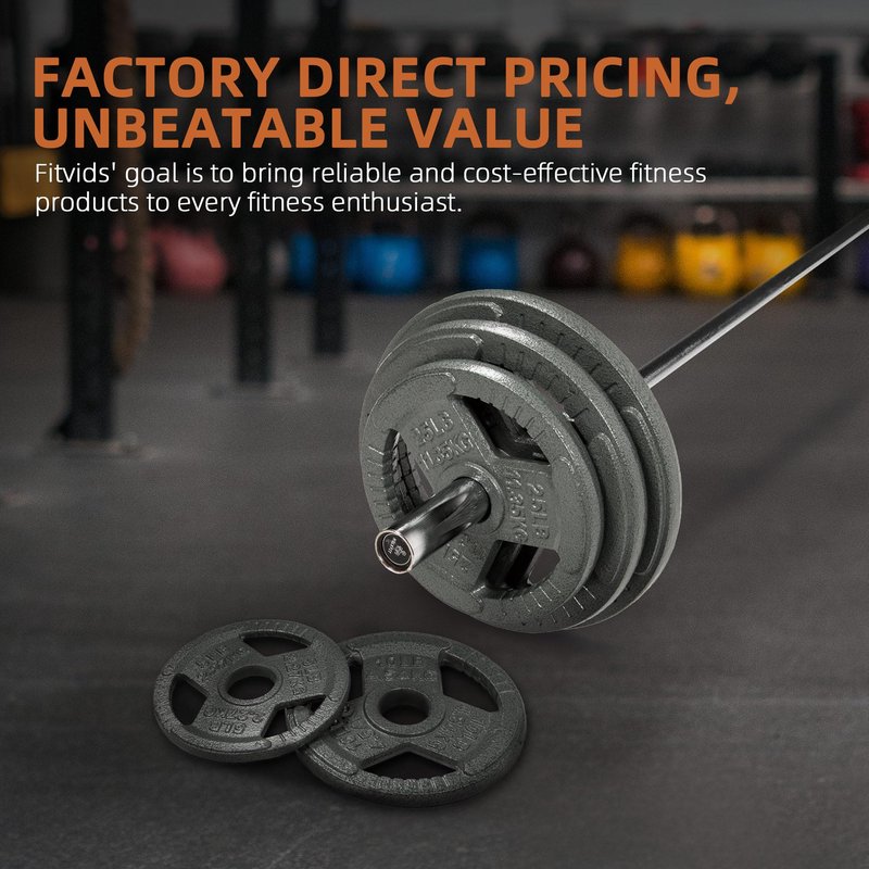 Fitvids Cast Iron 2-Inch Weight Plates for Strength Training and Weightlifting, Set (95 LB: 2.5/5/5/10/25 LB Pairs) with Clamps