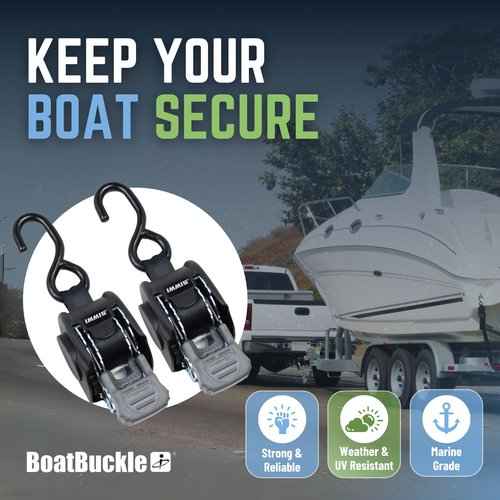 BoatBuckle Mini G3 Retractable Ratchet Straps - (1 x 72-Inch, 1400lbs Break Strength, 2-Pack) Bolt-On Boat Transom Tie Down Straps to Trailer, Fresh Water