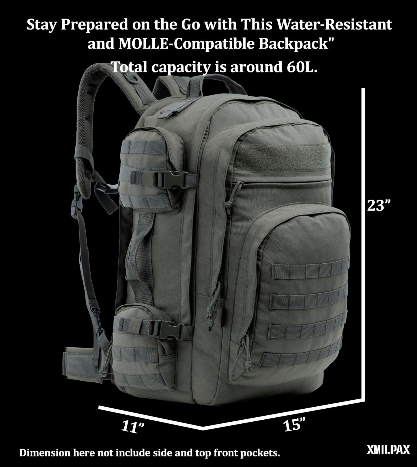 XMILPAX Large Tactical Backpack Bag with Stowable Shoulder Straps for Hiking, Camping, Traveling, Bug-Out 58L