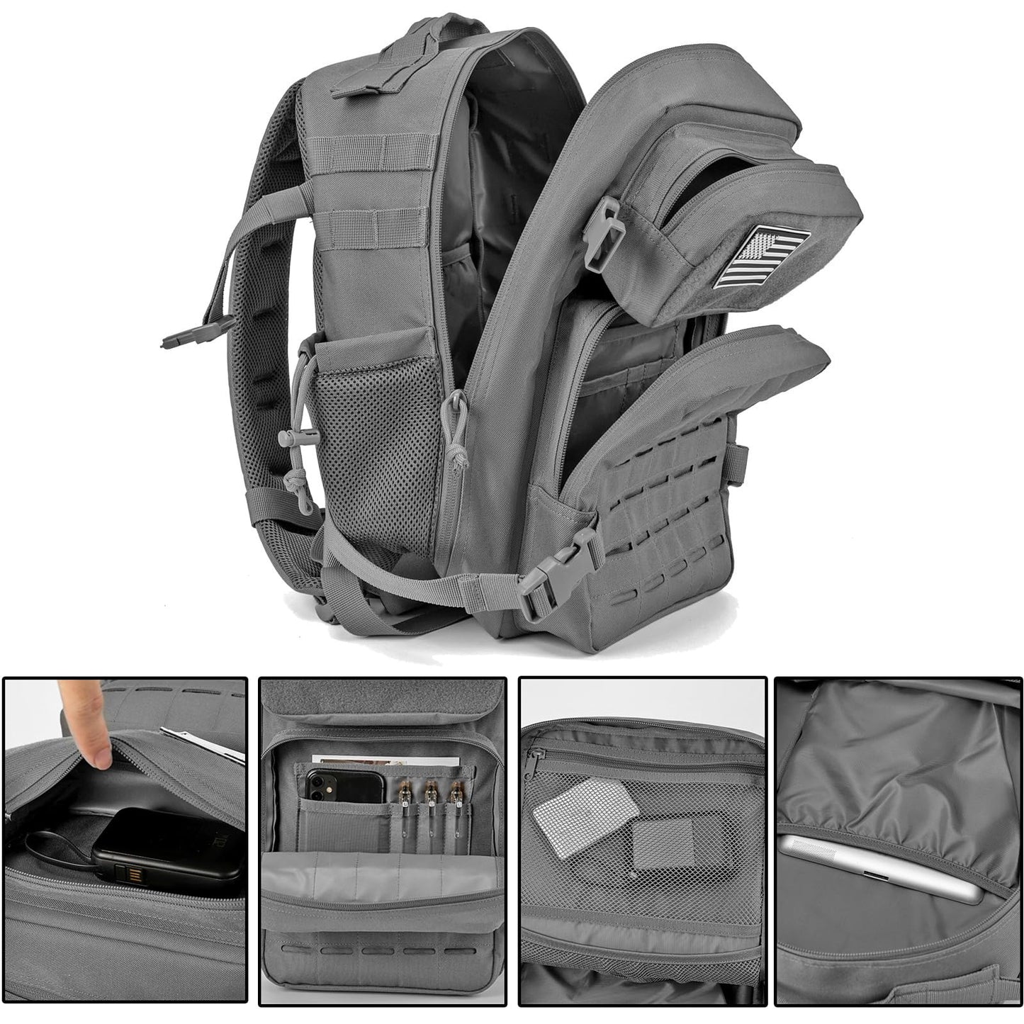 QT&QY 25L Military Tactical Backpacks For Women Survival Army Laser cut Molle Daypack small EDC Bug Out Bag Gym Rucksack With Dual Cup Holders medical Rucksack Gray heavy duty backpack